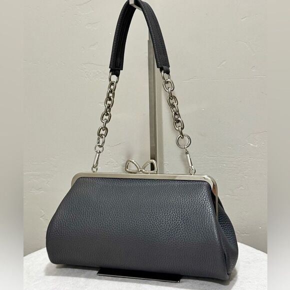 Gray Premium Cowhide Leather Handmade Bow Shaped Kisslock Baguette Bag/Crossbody - Picture 8 of 16